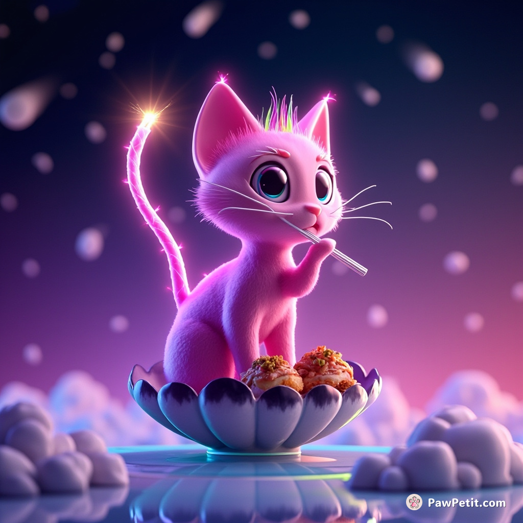 A neon pink cat with multicolored luminescent whiskers, balancing on top of a floating seashell, eating sushi with flashy chopsticks under a meteor shower.