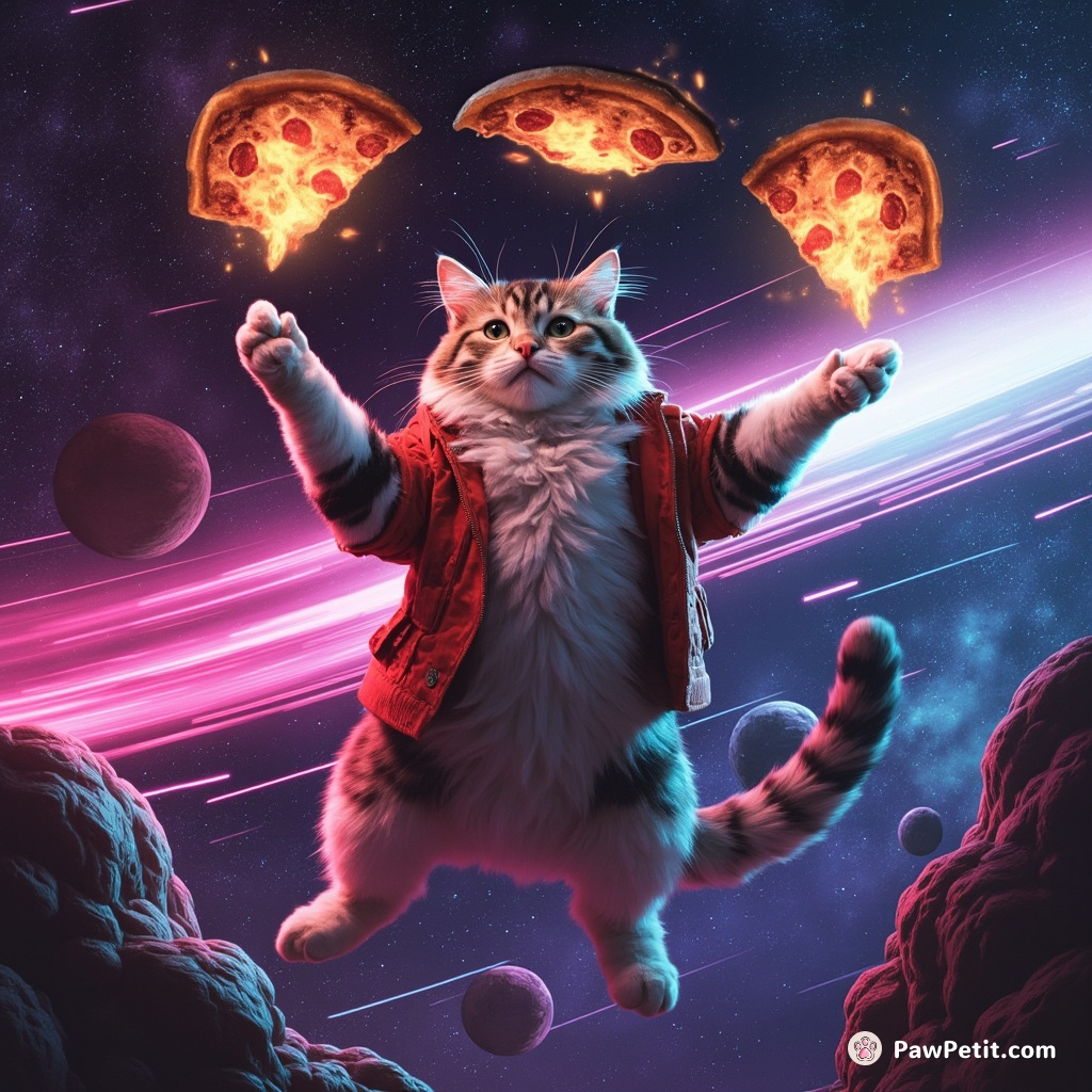 Giant calico cat juggling flaming pizzas on an asteroid zooming through a neon-colored galaxy.