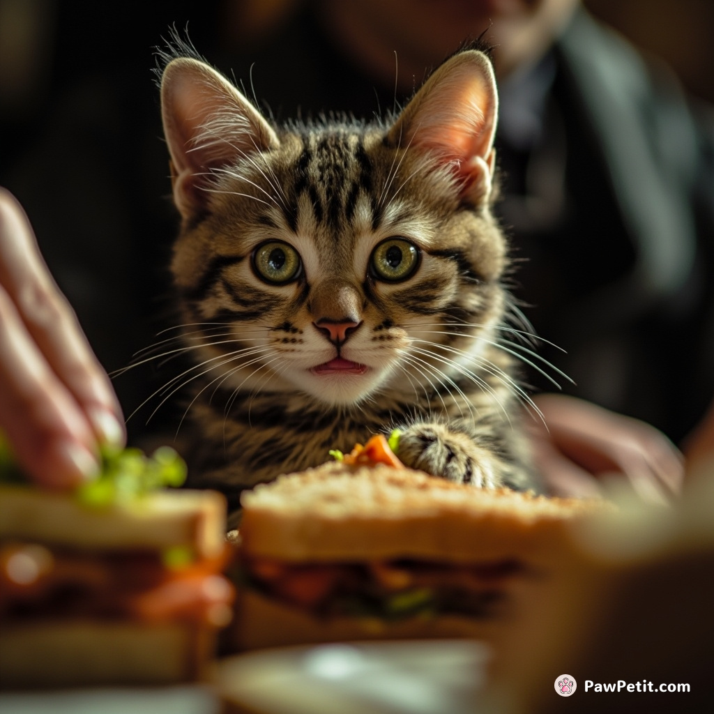 **"Sneaky feline fingers subtly swiped sandwiches during a secret summit with humans."**