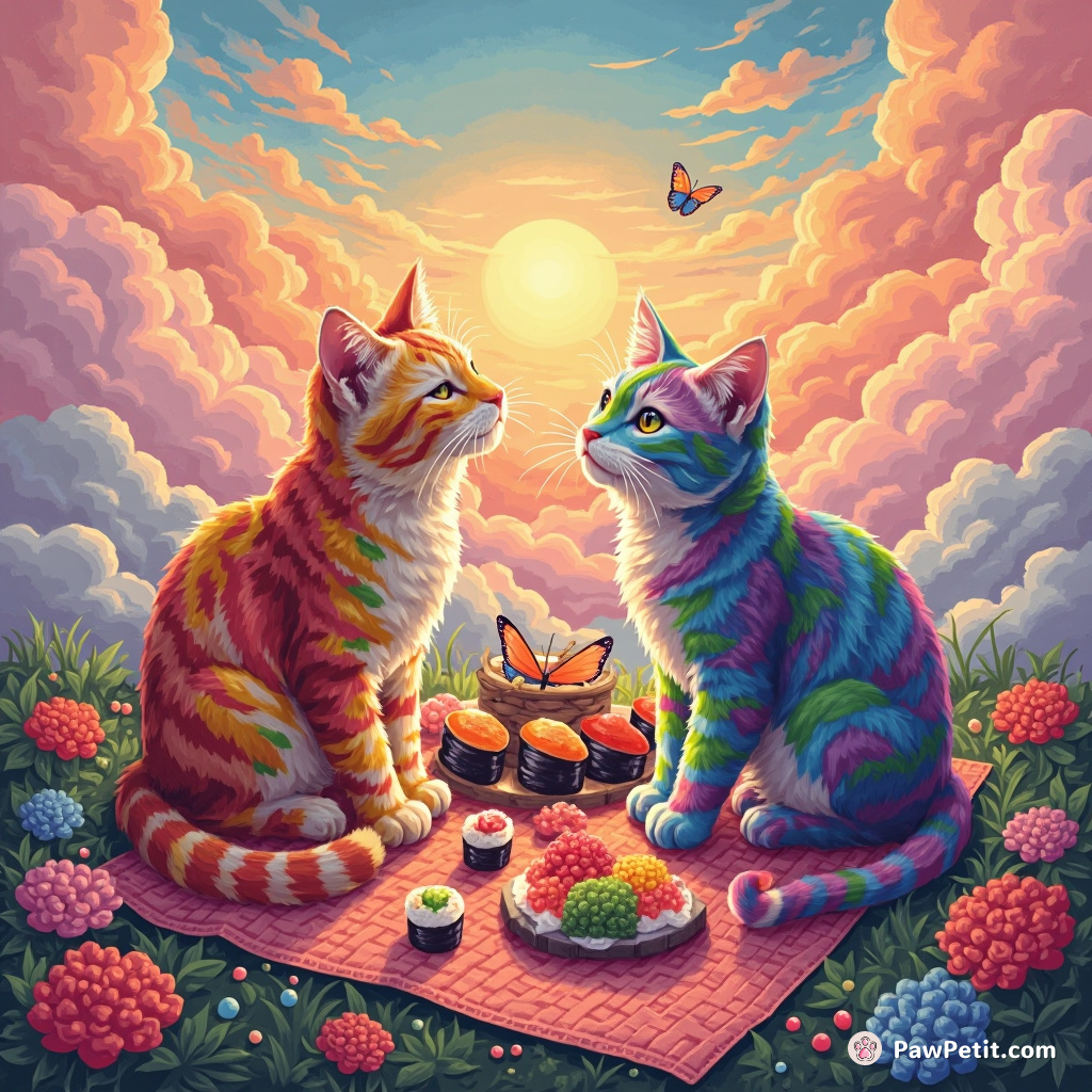 A rainbow-colored cat and butterfly sharing a picnic on sushi-mat clouds under the jellybean sunrise.