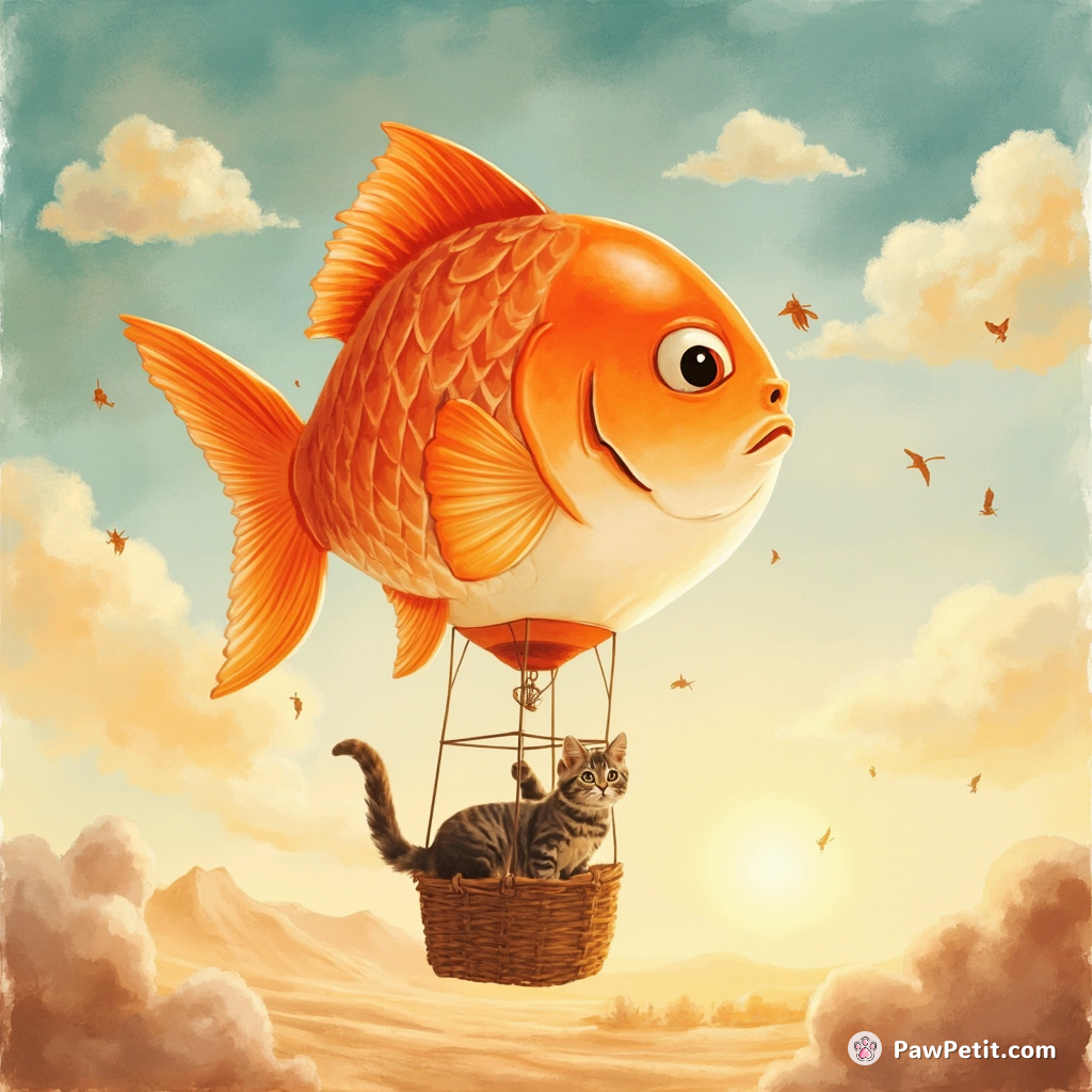 A cat skillfully maneuvering a vintage hot air balloon shaped like a goldfish over a marshmallow desert at dawn.