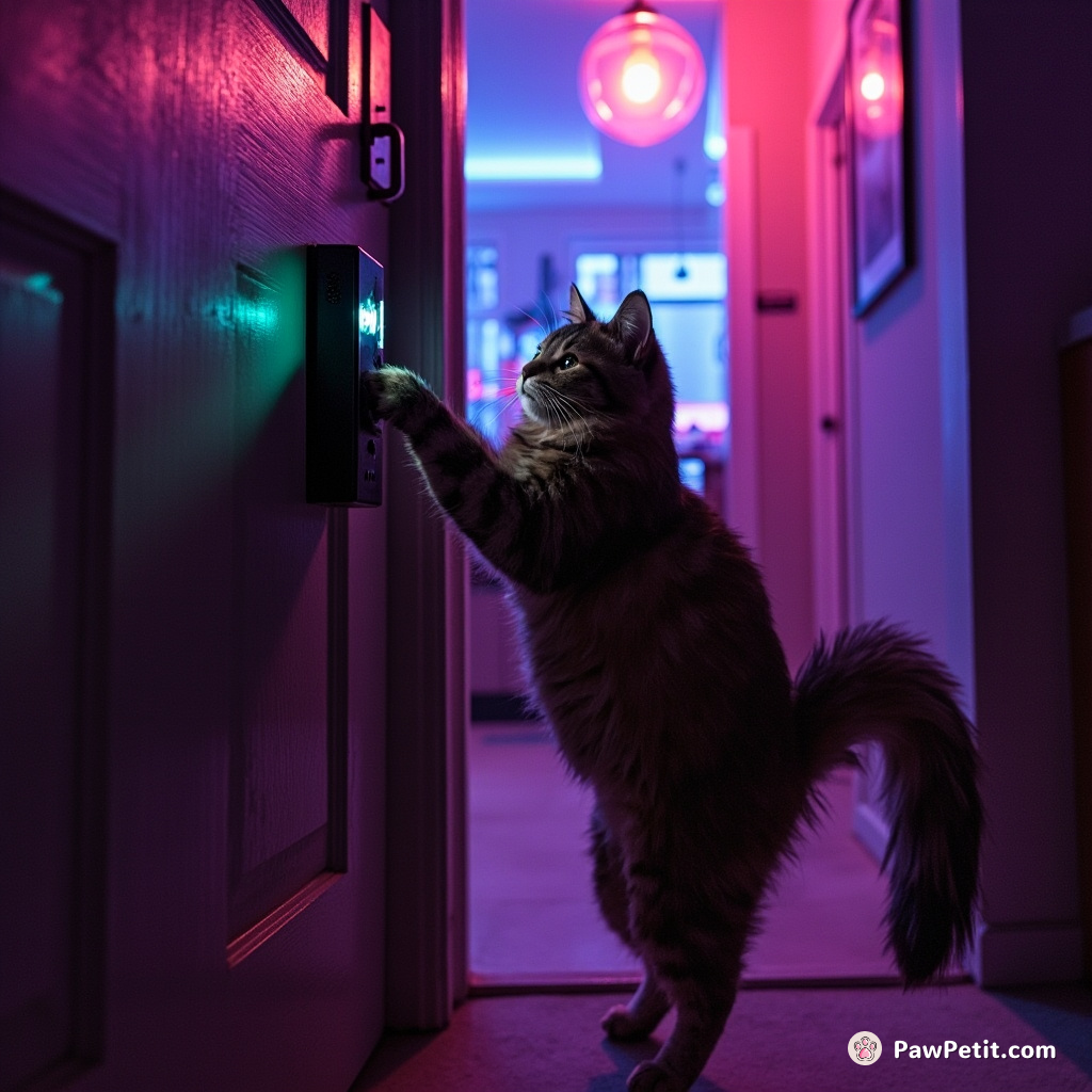 Mischievous cat rings neighbor's doorbell appearing human, but hilarious cacophony ensues where startled by own tail puffing.