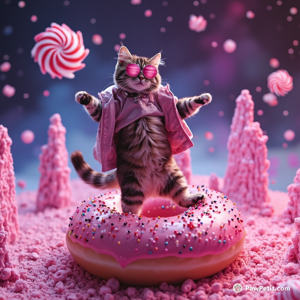 A cat tap-dancing on a frosted doughnut shaped planet with peppermint stick skyscrapers, under an onslaught of pink asteroid sprinkles.