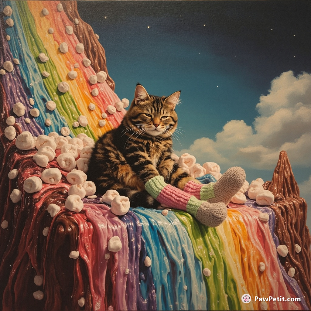 Cat sleepwalking on jello mountain under a rainbow soda waterfall, knitting socks out of marshmallows.