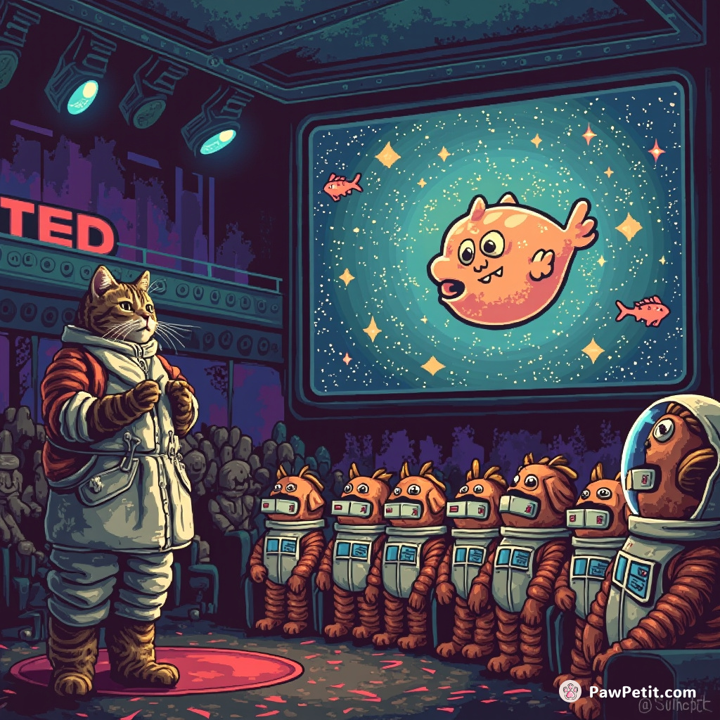 A cat giving a TED talk on quantum physics to an audience of fish in astronaut suits.