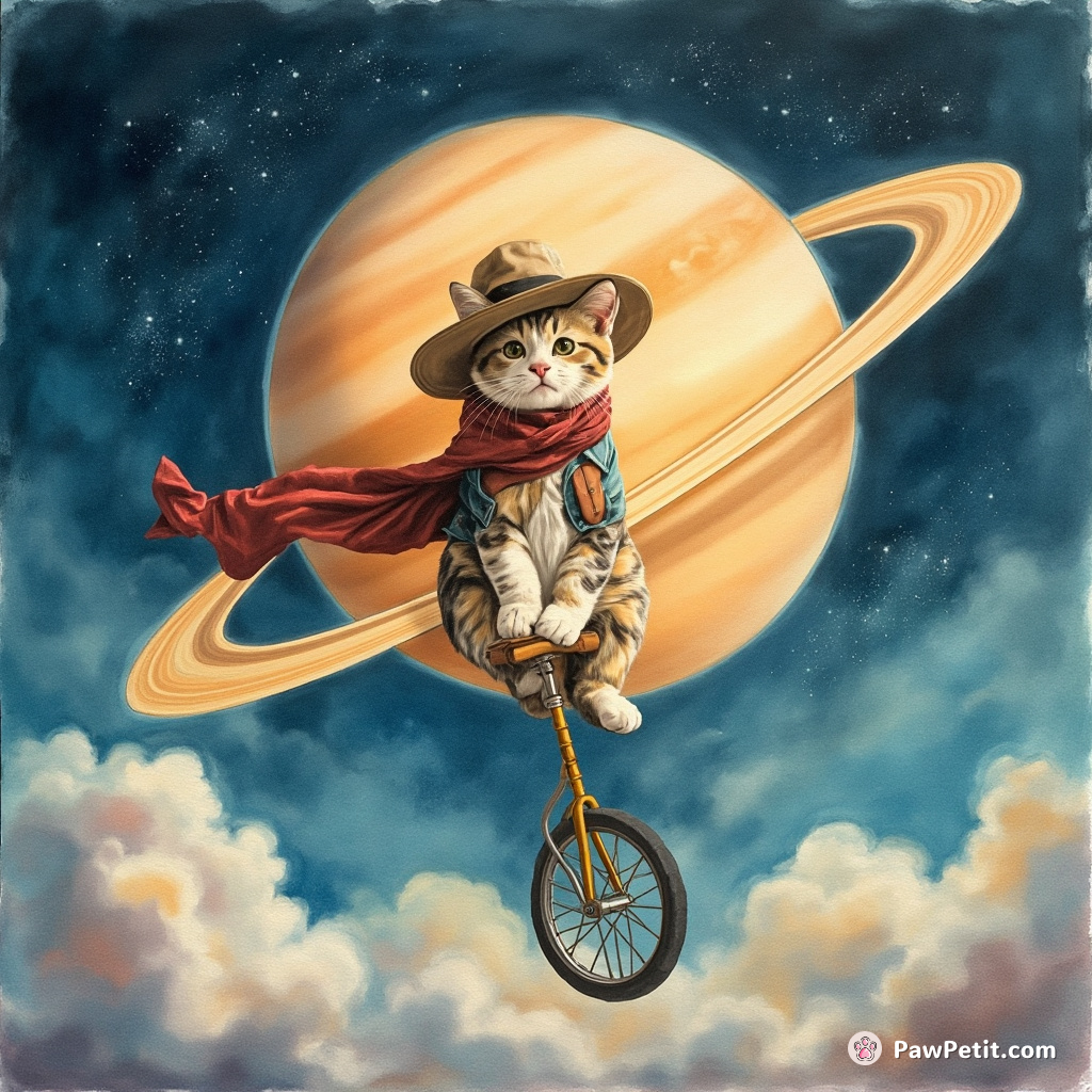 Cowboy cat riding a unicycle on the rings of Saturn.