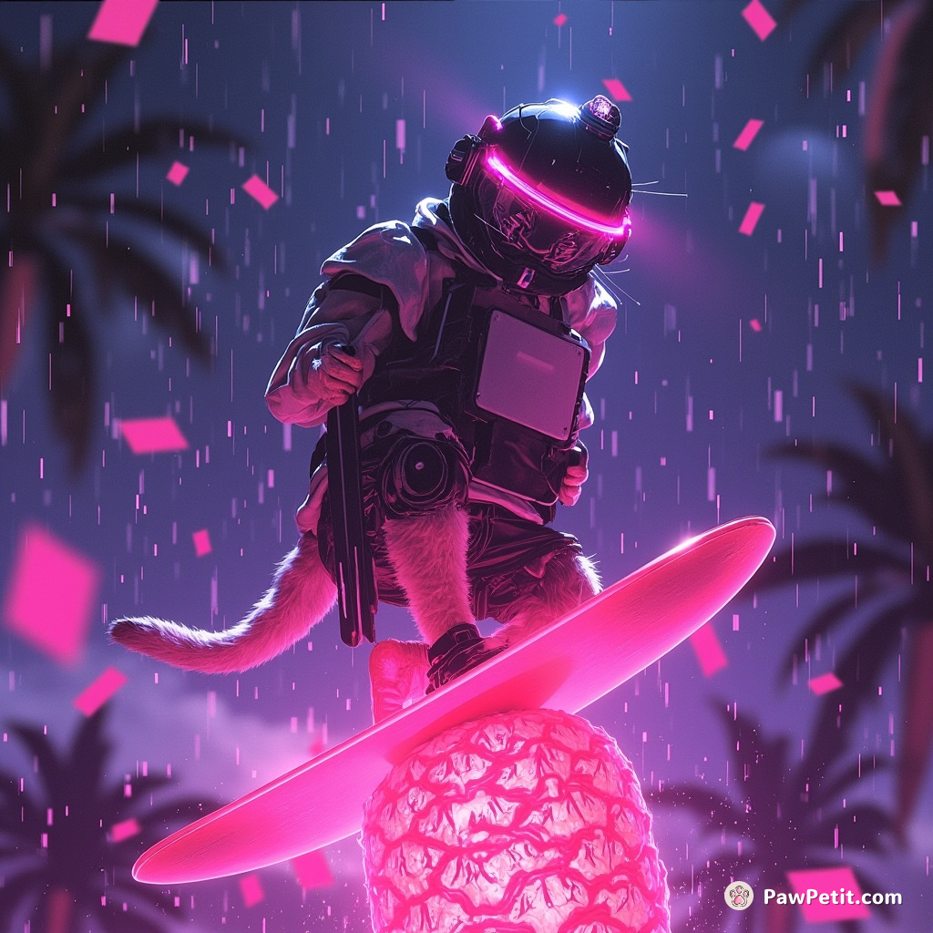 Cyborg cat surfing on a pink pineapple through neon pixel rain.