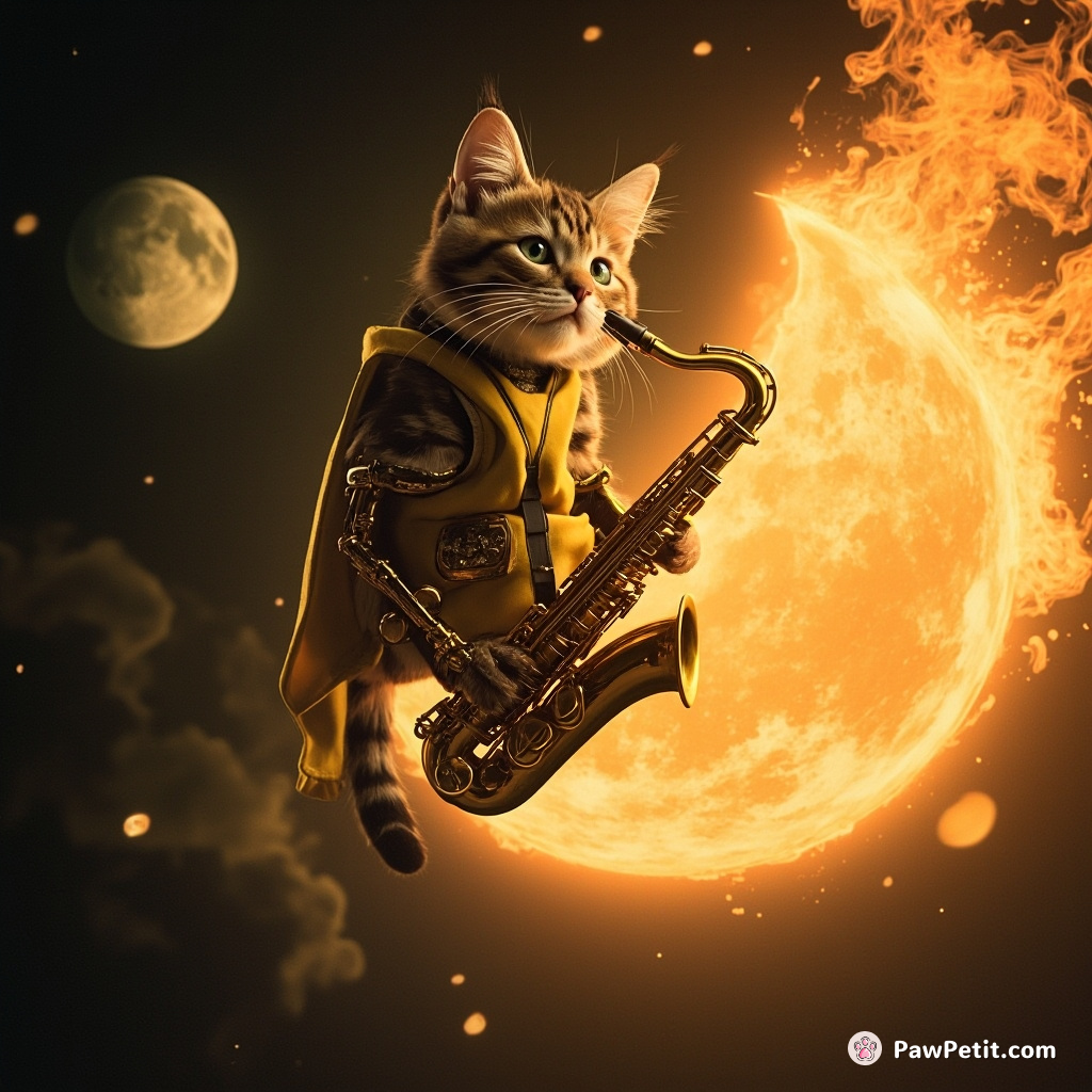 Cyborg cat orbiting a cheese moon while playing a flaming saxophone.