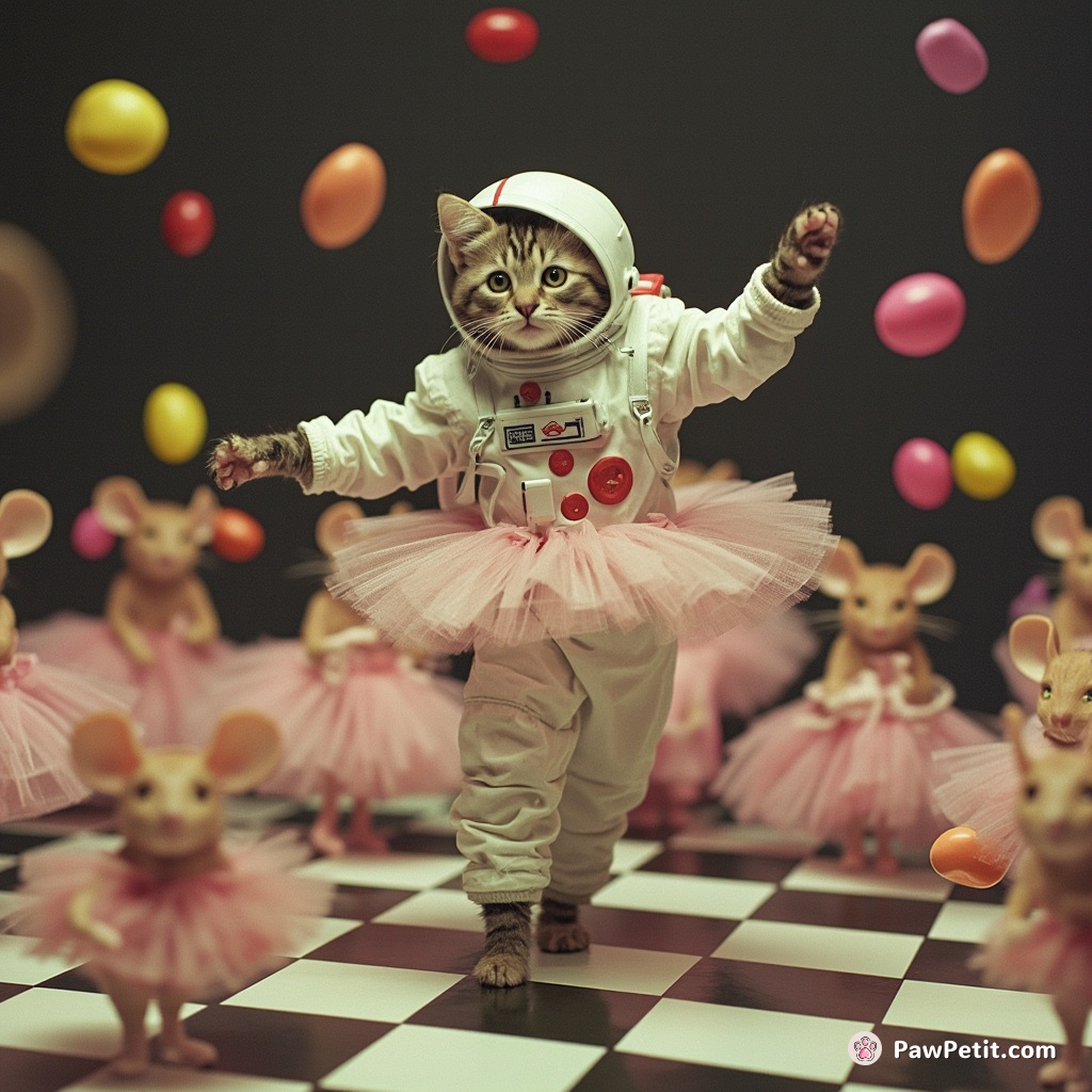 Cat performing ballet on a chessboard, wearing an astronaut suit while magical mice in tutu carry floating jellybeans.