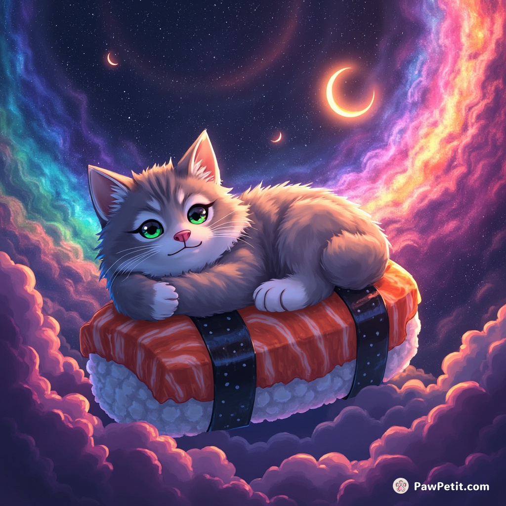 A werewolf cat lounging on a psychoactive sushi roll in the middle of a swirling rainbow galaxy.