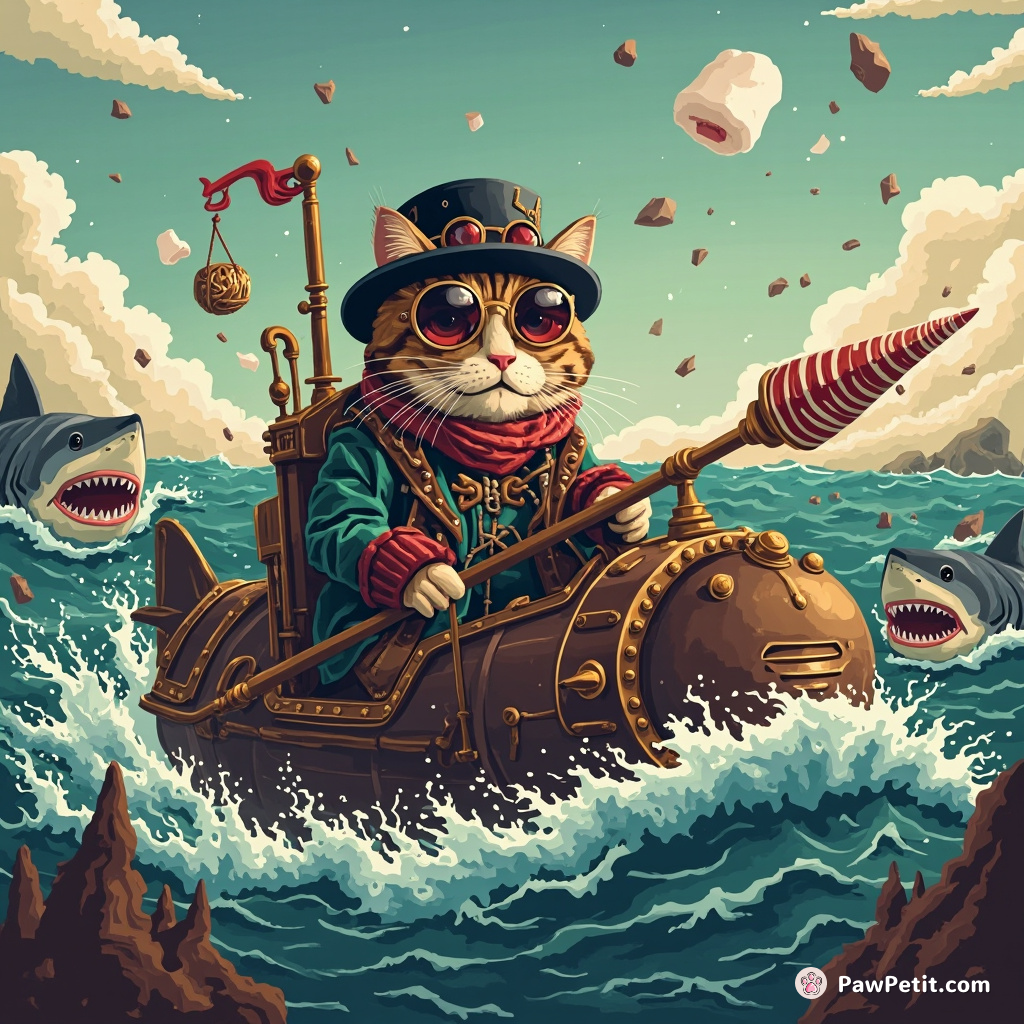 Steampunk cat piloting an antique submarine through a chocolate sea, fighting off marshmallow sharks with a liquorice harpoon.