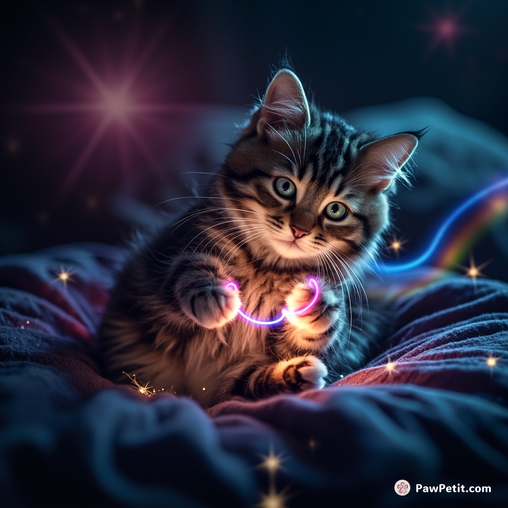 A cat kneeling on a star-streaked pillow, furiously knitting rainbow-colored space-time with glowing paws.