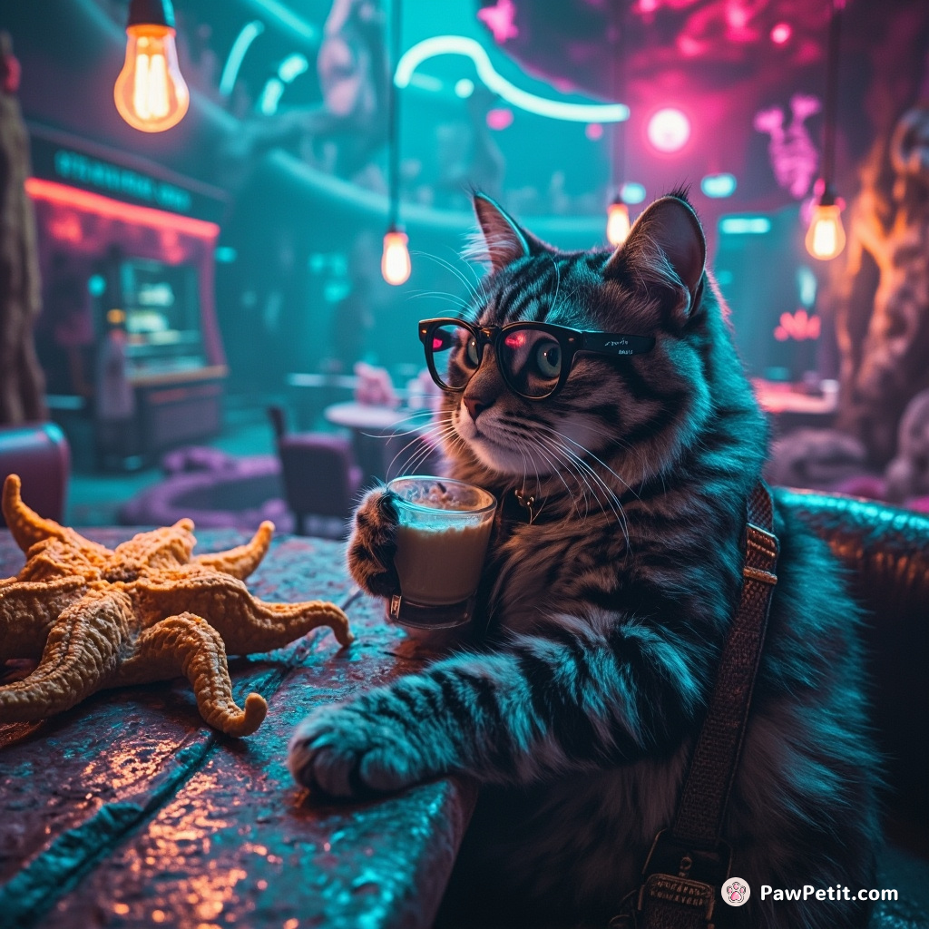 A hipster cat having a latte at a surrealist underwater café with Salvador Dali starfish.