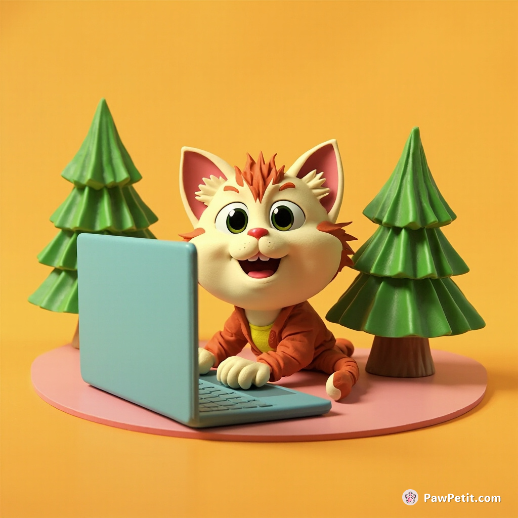 The cat, pretending to be human, hilariously attempts to "type" on a laptop with its paws, accidentally ordering 100 cat trees.