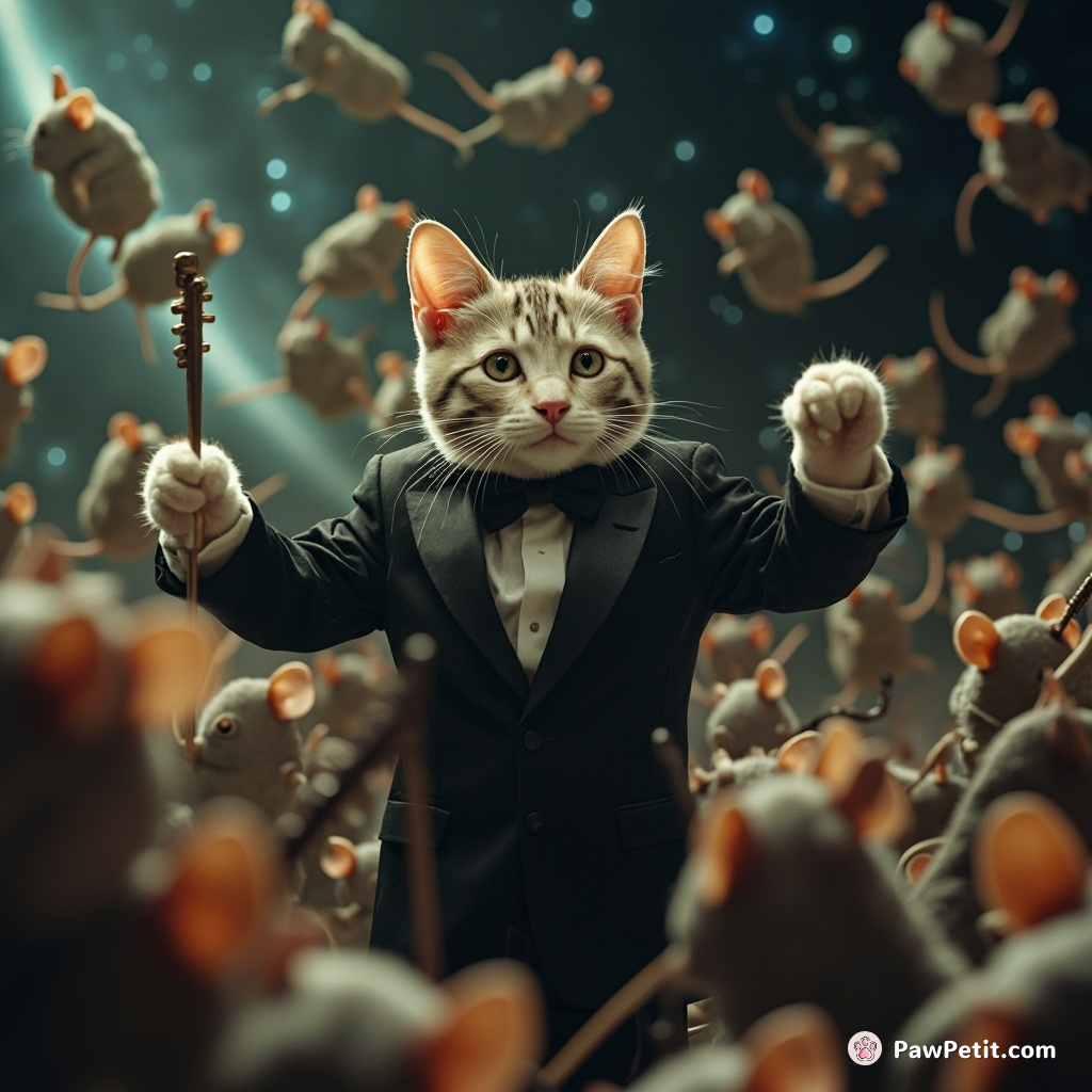 Cat wearing a tuxedo conducting an orchestra of mice in outer space.