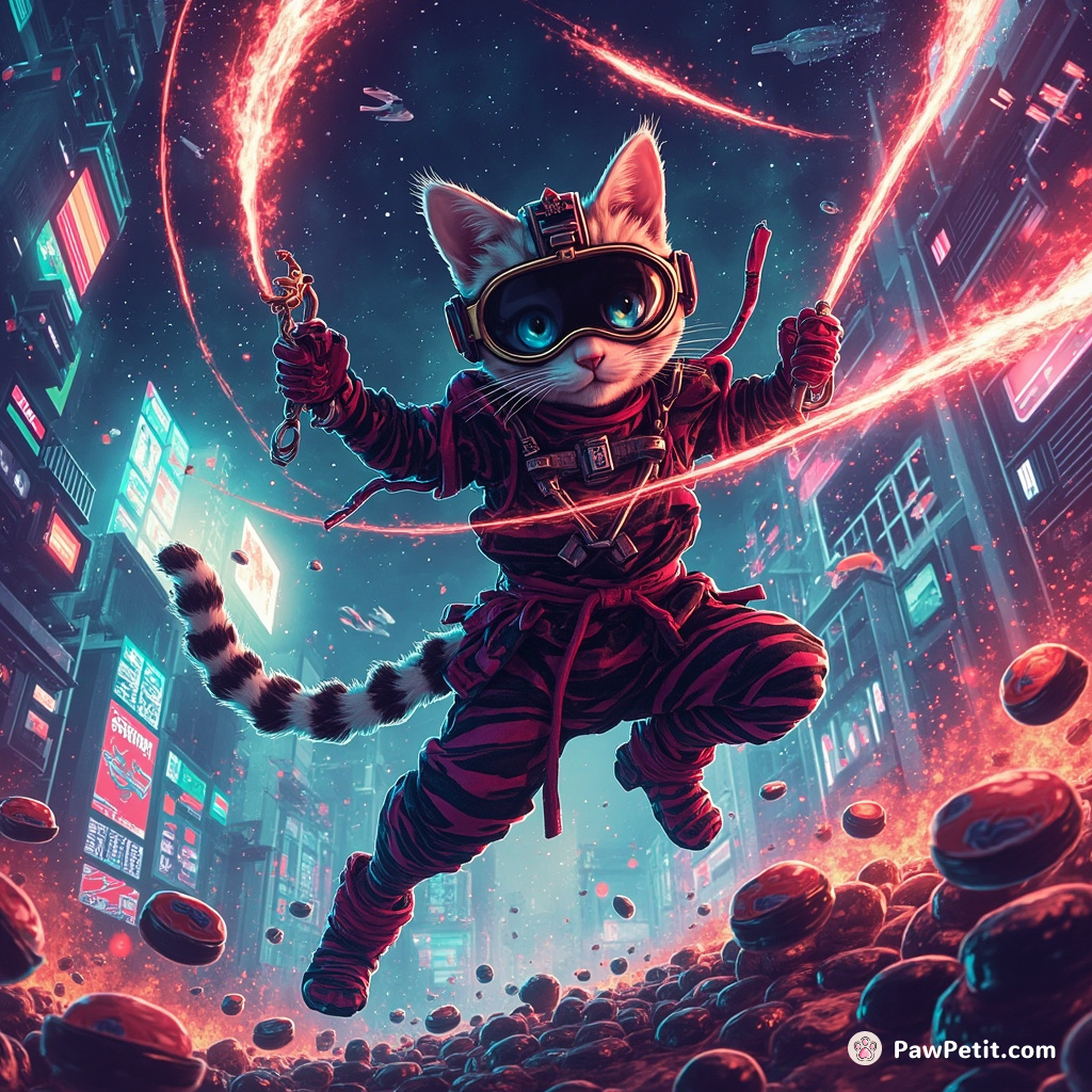 Cybernetic ninja cat with stripe pattern fighting off an alien spaceship invasion using sushi-shaped shuriken in neon Psychedelic Tokyo.