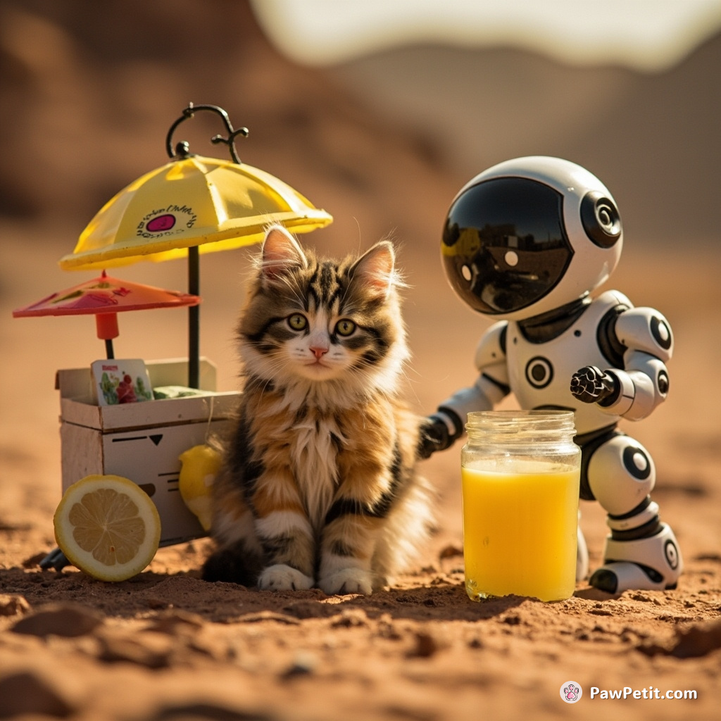 Cat operating a lemonade stand manned by miniature robots on Mars, attempting to pay with grains of stardust.