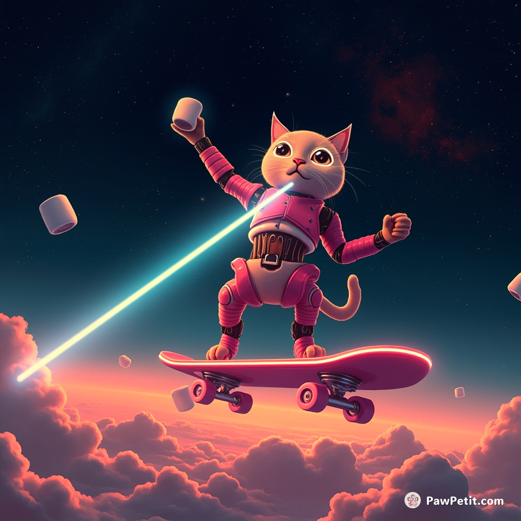A half-robot cat balancing on a levitating neon skateboard, shooting lasers from its eyes to toast marshmallows suspended in zero gravity over a galaxy far away.