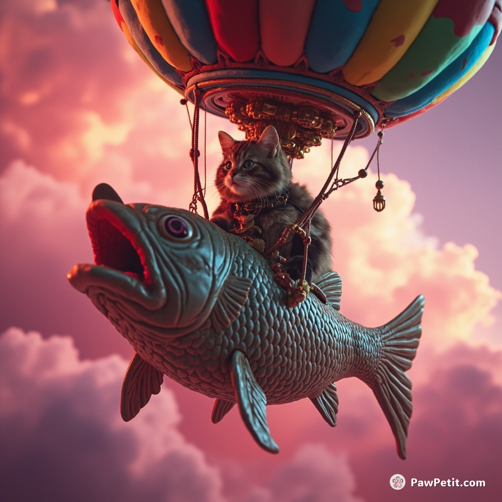 A steampunk cat piloting a multicolor hot air balloon shaped like a giant fish through a pink nebula.