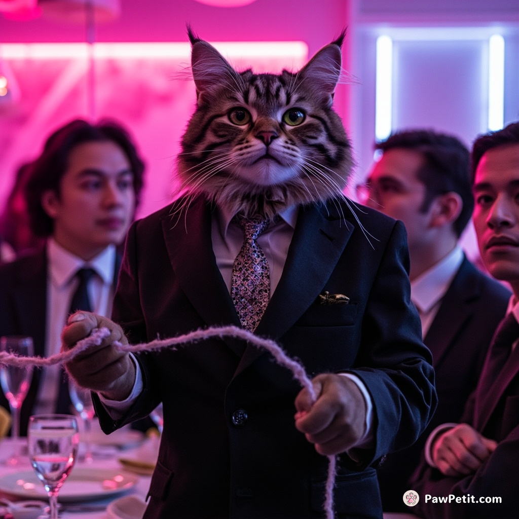 Cat wears fitted vegan suit, nearly gives dinner speech; guests notice yarn-chasing frenzy midway, ensuing hilarity.