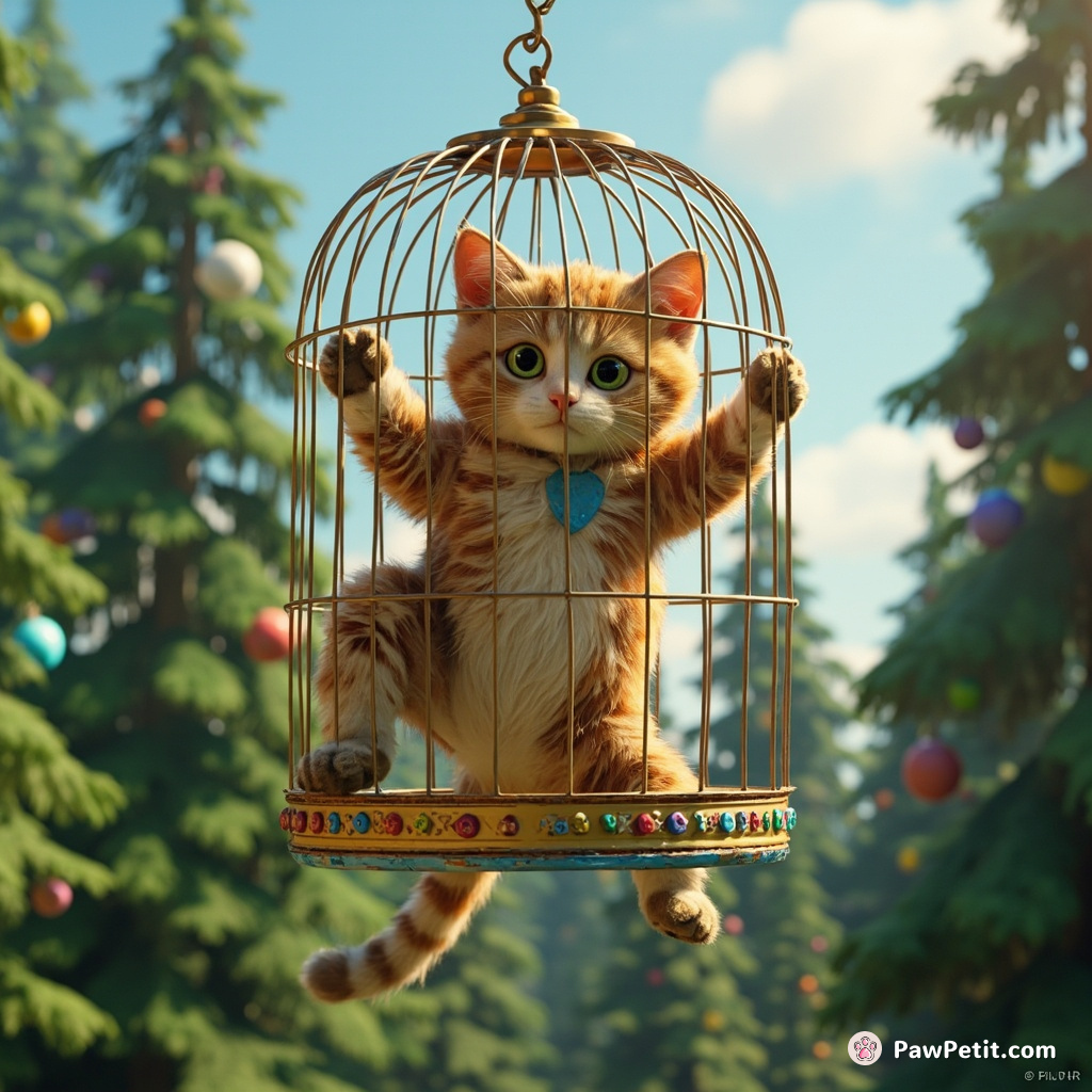 Giant cat breakdancing in a disco-themed birdcage suspended over an evergreen forest.