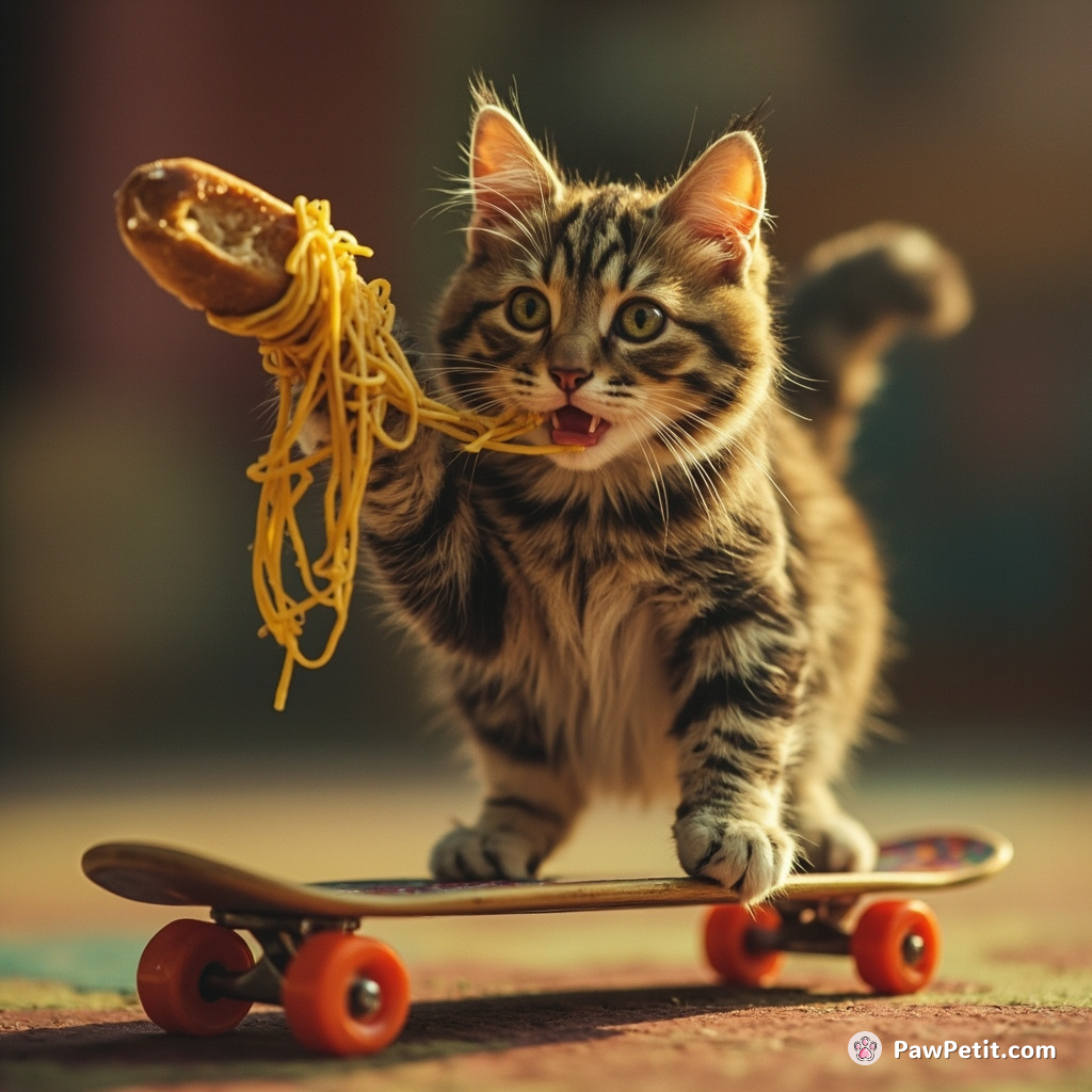 Cat twirling spaghetti with a breadstick while riding an 80's disco skateboard.
