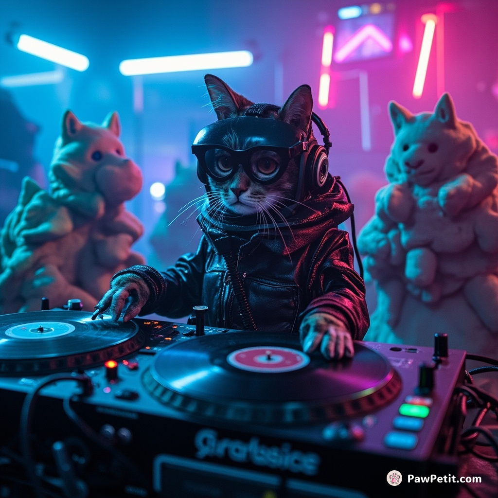 Cybernetic feline DJ spinning vinyl records in a neon-lit underwater techno rave, surrounded by grooving sea creatures.