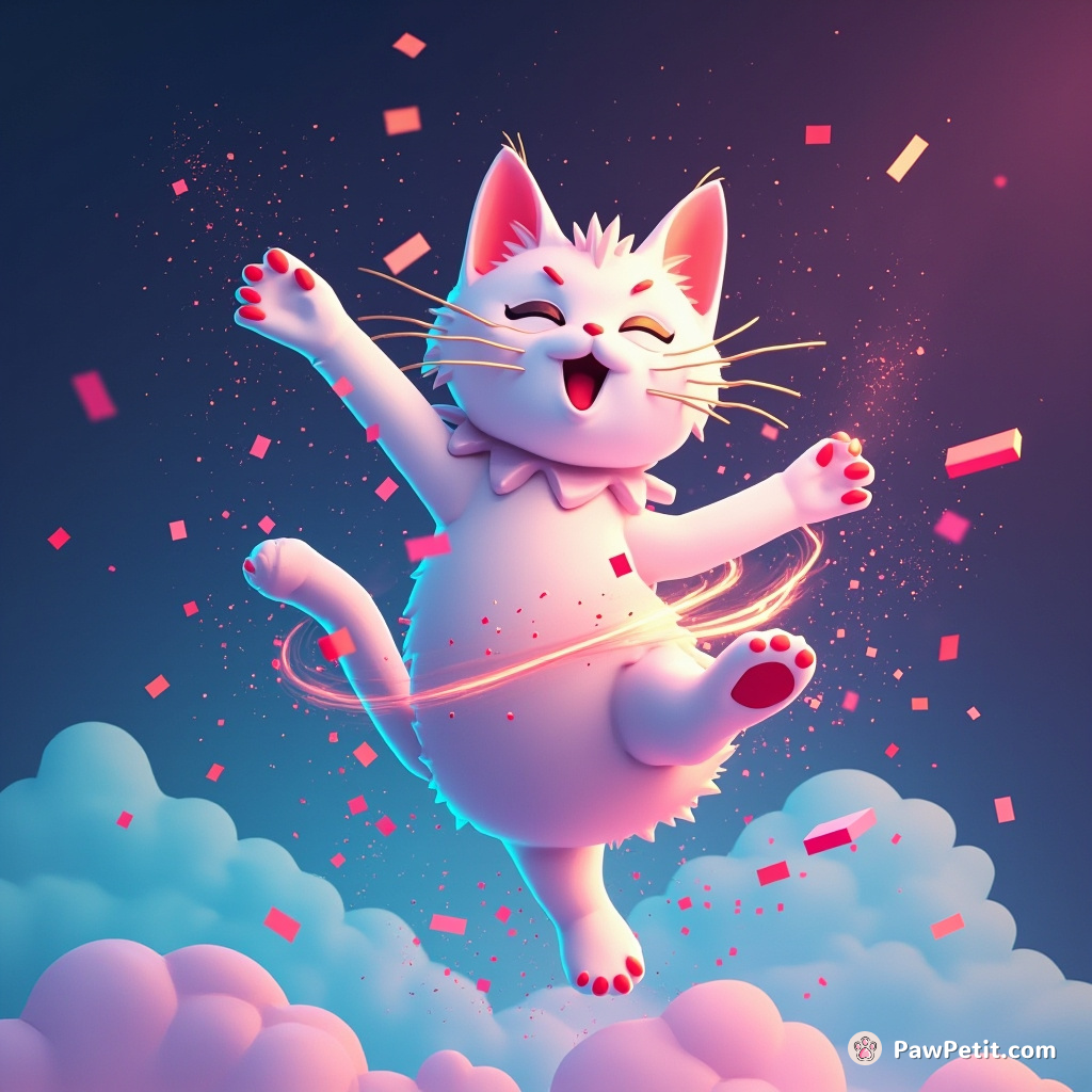 The charismatic digital feline pounces, sending bursts of vivid pixels cascading around the virtual reality universe.