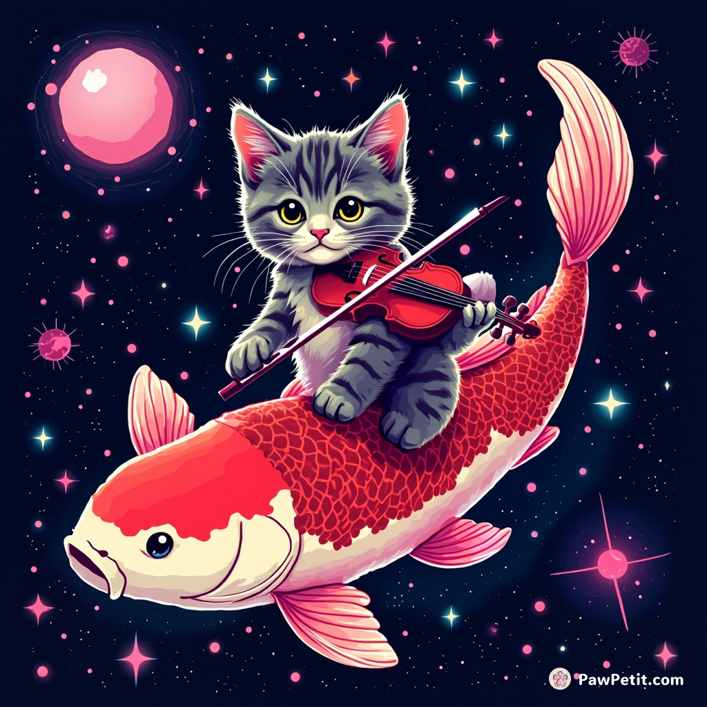 Cat playing a neon violin on the back of a gigantic koi fish, soaring through the cosmos.