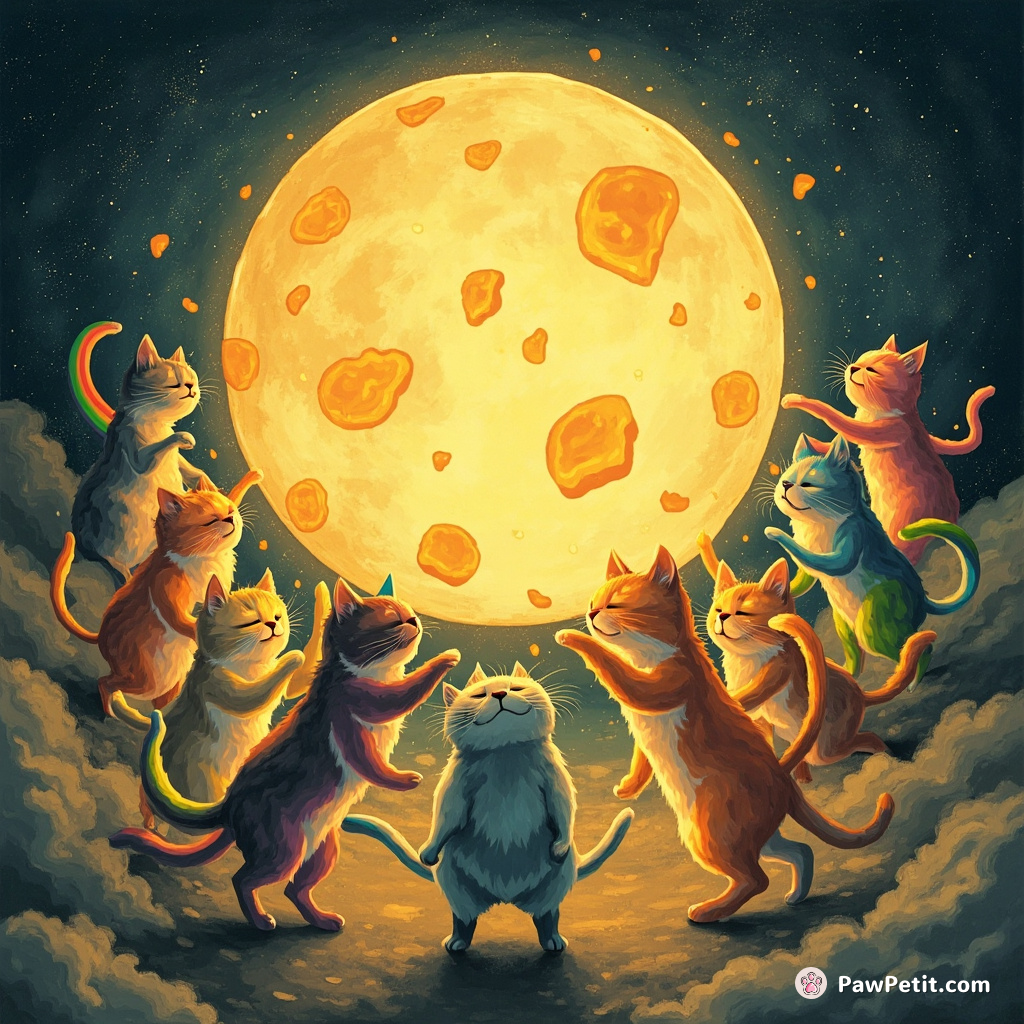 A group of anthropomorphic rainbow cats performing a ritual dance around the grunge cheese moon.