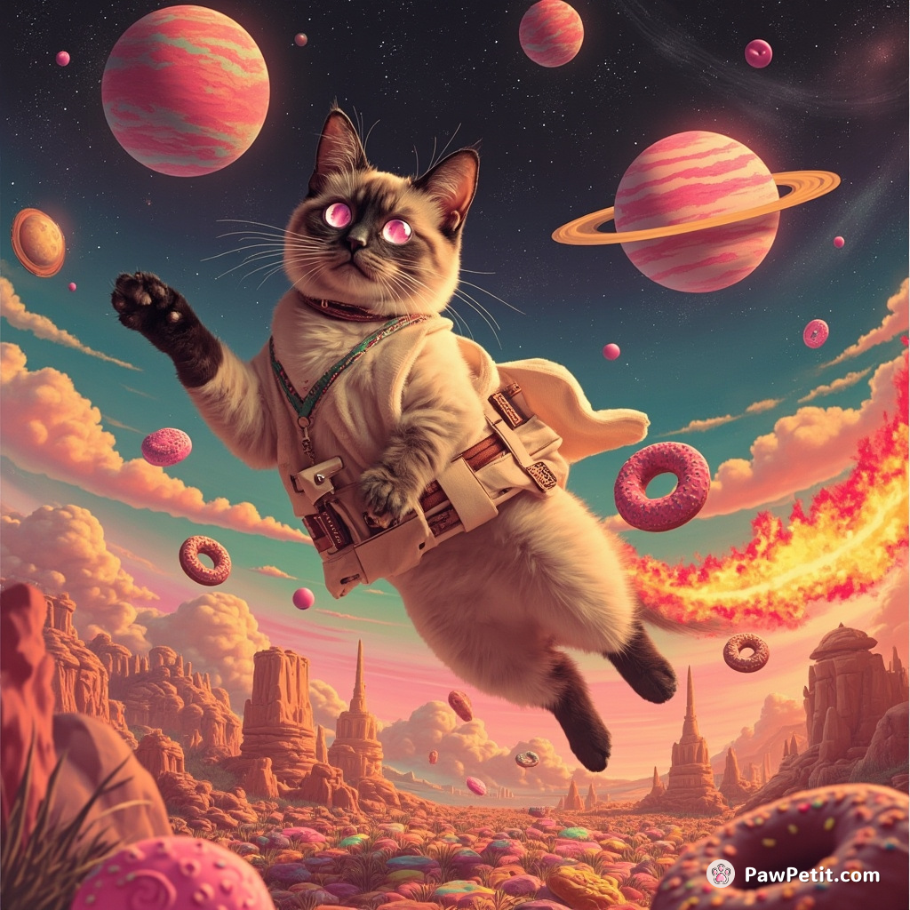 A three-eyed Siamese cat juggling fiery planets, on a Skywalker in the surreal landscape of Candyland while it's raining donuts.