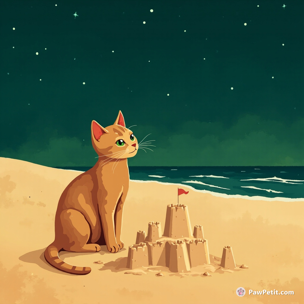 A sandcastle-building Torbie cat at midnight on a caramel beach, under an emerald green sky.