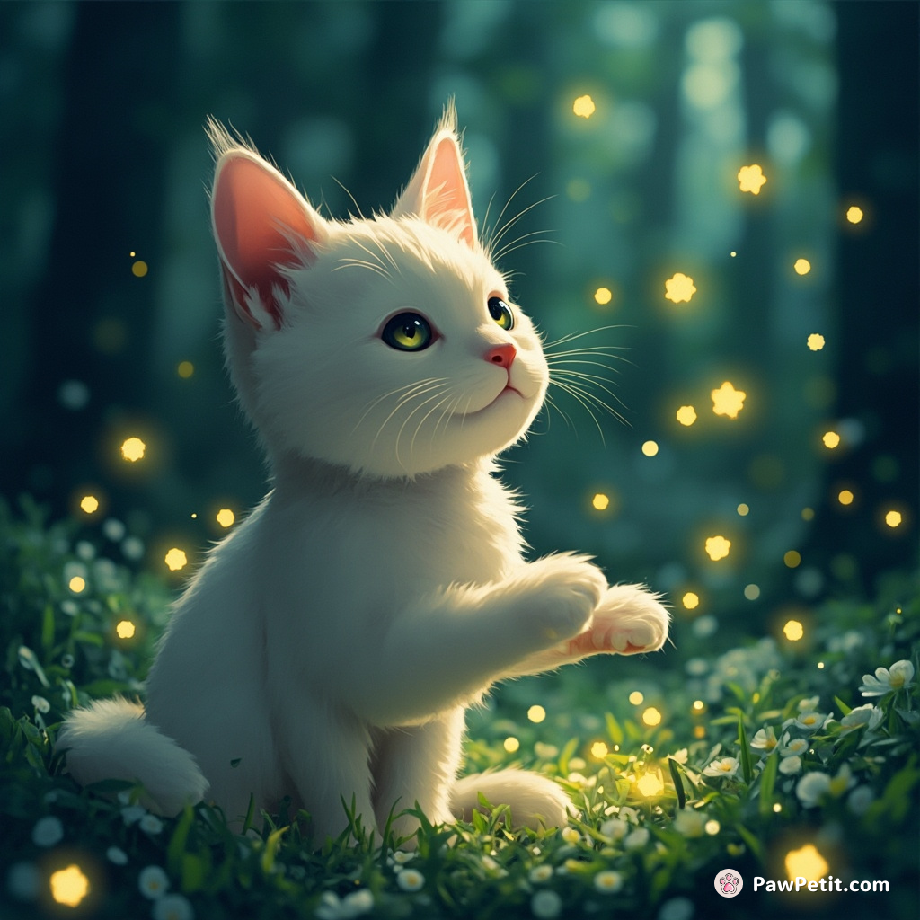 Cat gracefully conducting a magical symphony of fireflies in an enchanted forest.