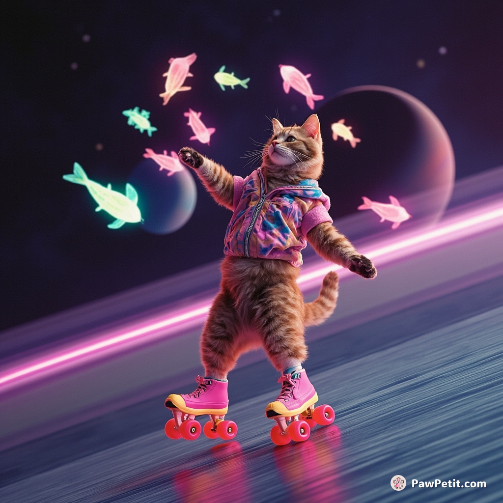 A ginger cat, roller-skating on Saturn's rings while juggling neon glow fish.