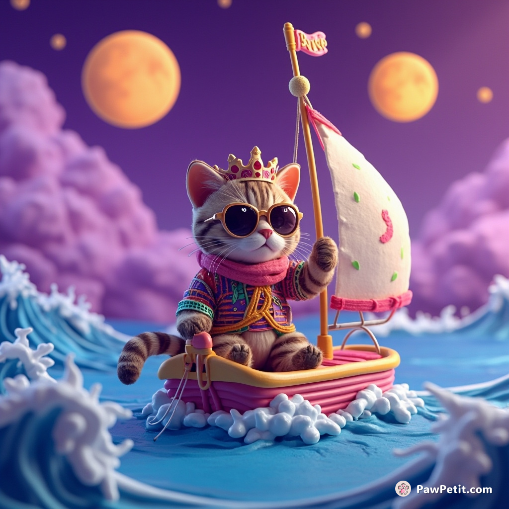 A cat king sip-steering a sardine-can sailboat in a purple margarita ocean, waves swirling under the tiptop gaze of taffy moons.