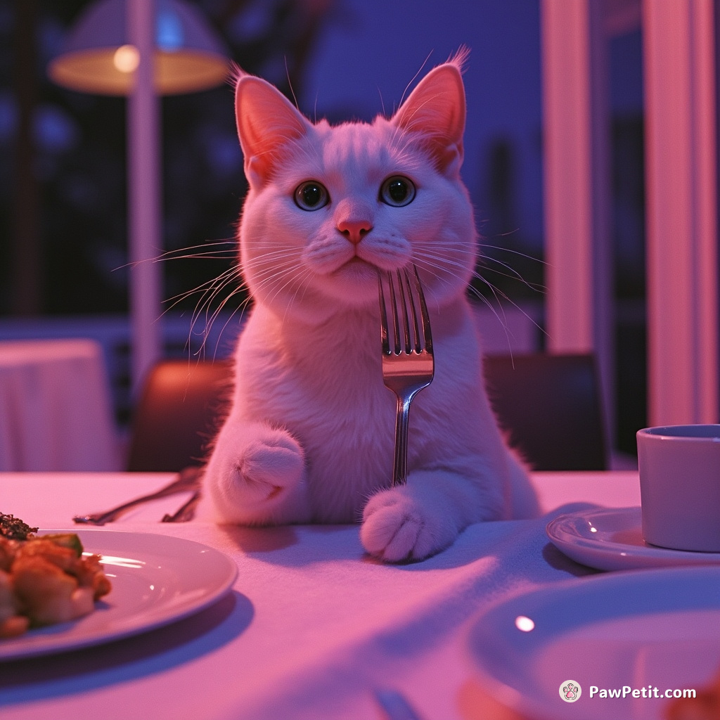 The cat sits upright at the dinner table, carefully holding a fork in its paw.