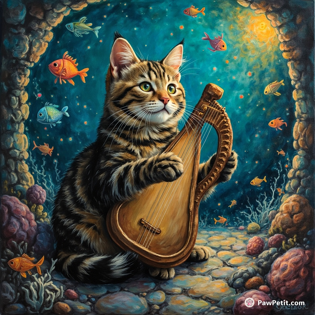 A tabby cat playing a cosmic harp alongside floating and glowing fish in whimsical undersea ruins.