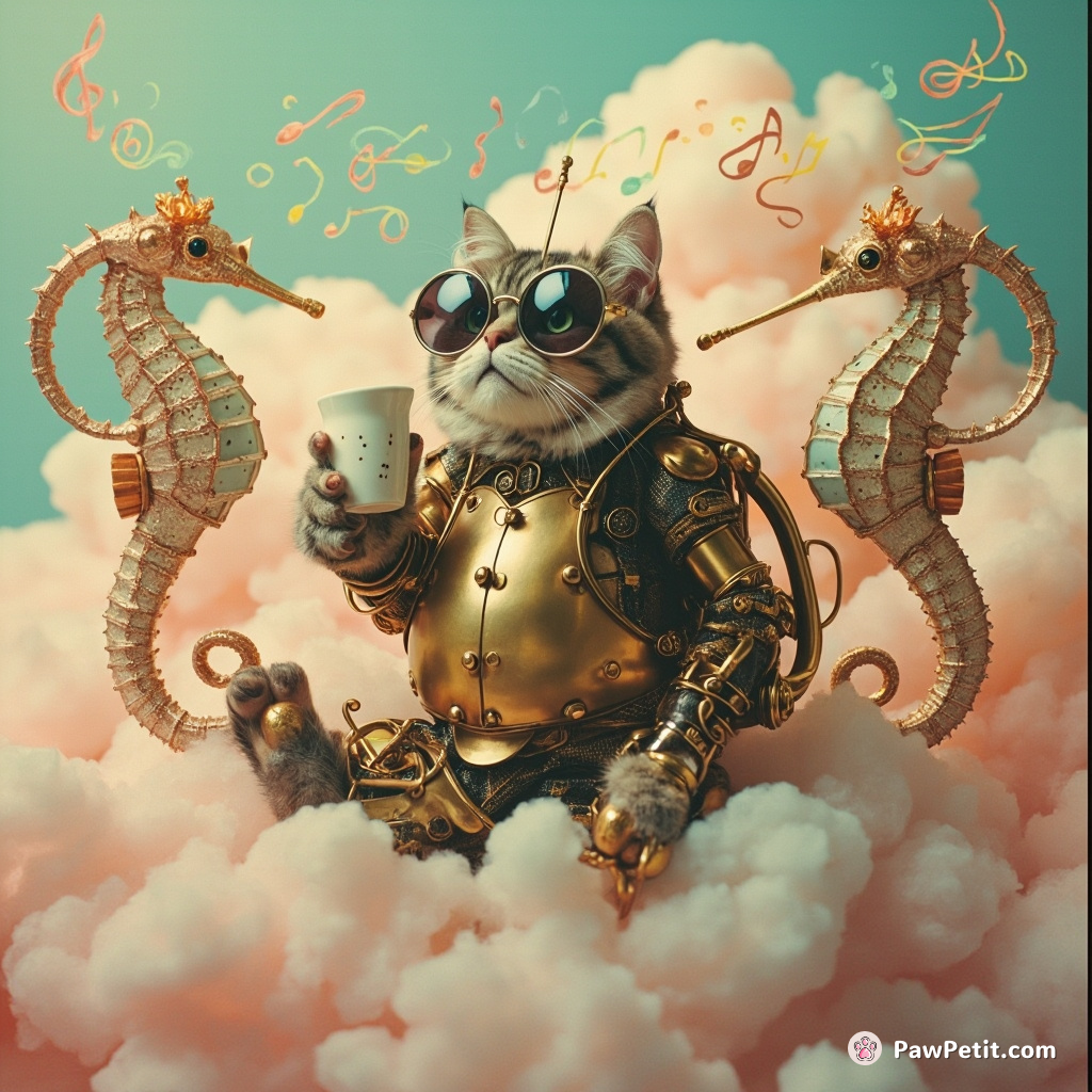 A mechanical steampunk cat sipping earl grey tea on top of a floating pastel cloud, surrounded by musical seahorses playing jazz trumpets.