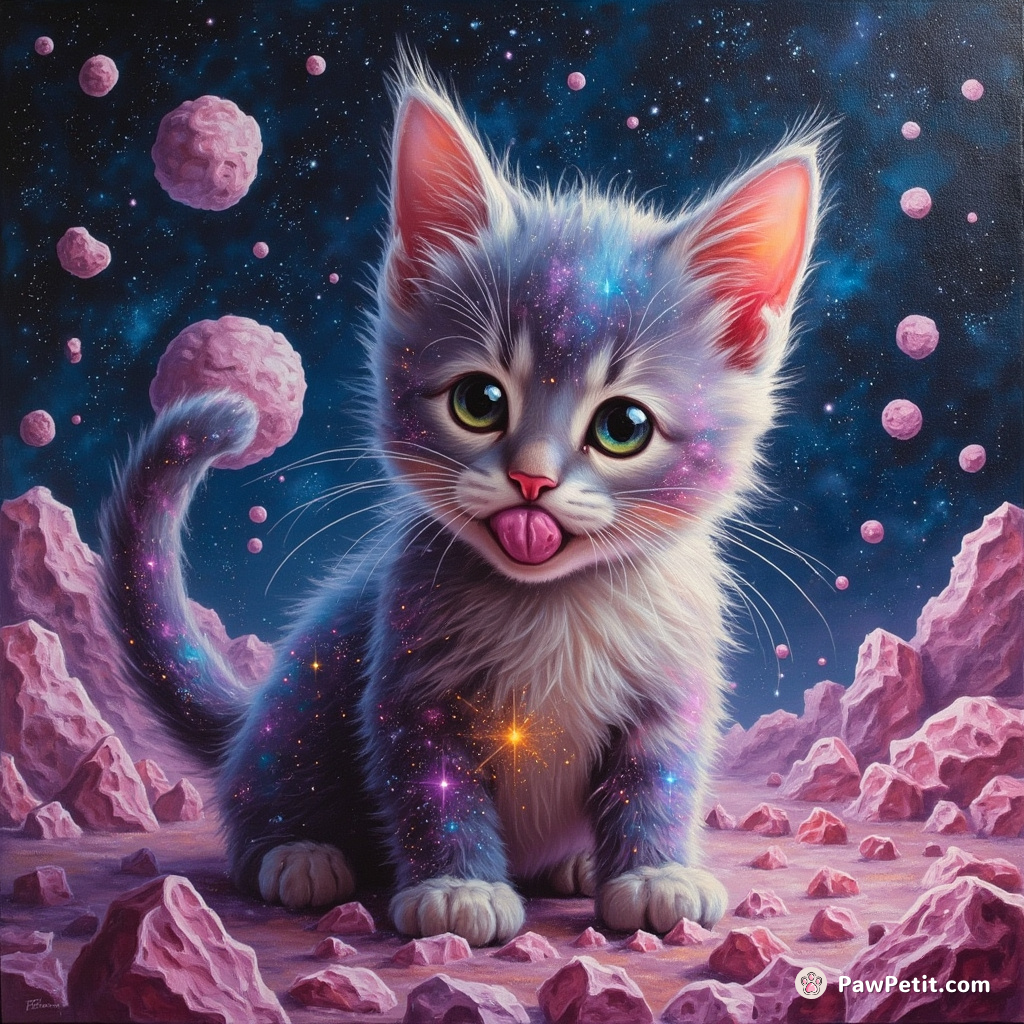 A celestial cat licking cosmic stardust off its nebula-patterned fur in the middle of a pink crystalline asteroid field.