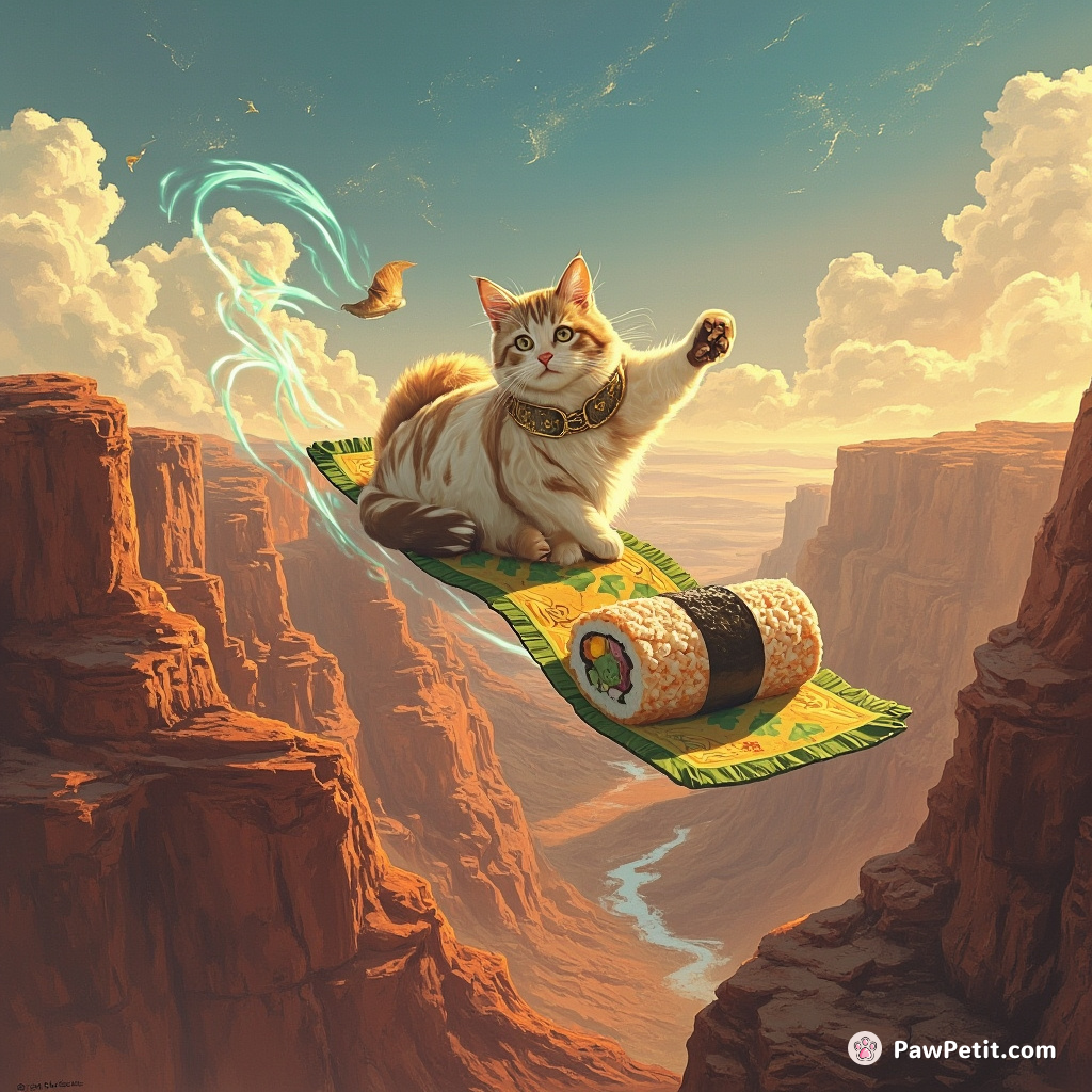 Cat levitating above the Grand Canyon, using a sushi roll as a magic carpet.
