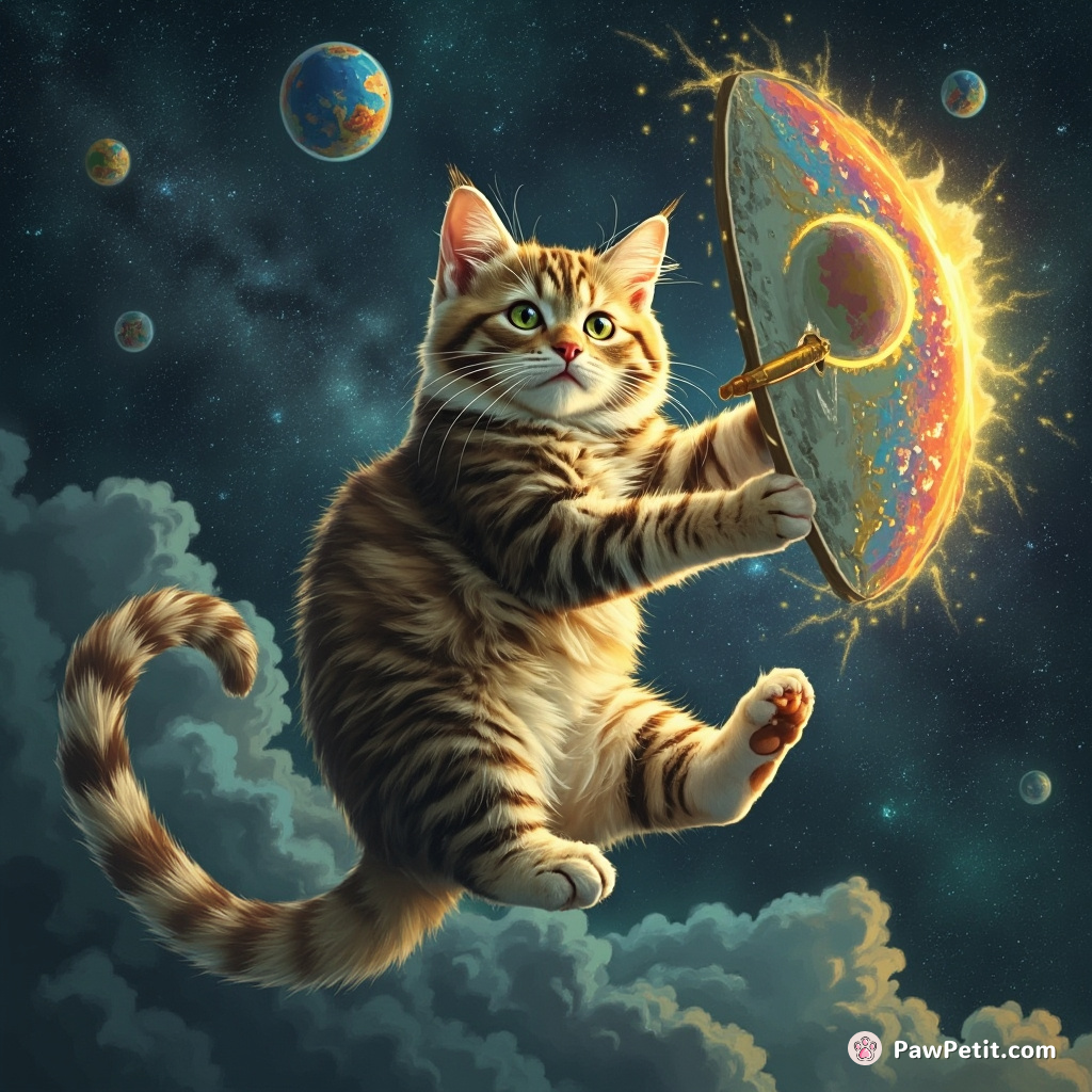 A cat painting a self-portrait with its tail while floating in zero gravity.