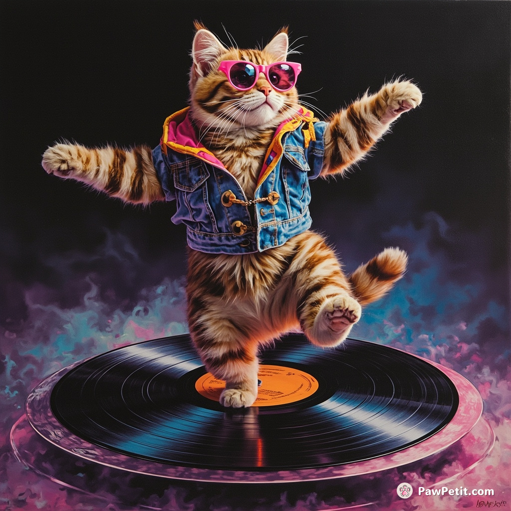A neon-furred cat breakdancing on top of a spinning vinyl record in zero gravity with star-shaped sunglasses.