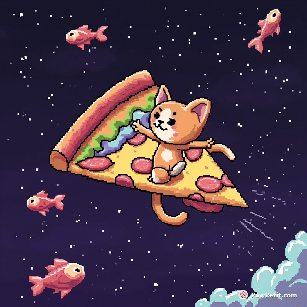 A cat surfing on a slice of rainbow pizza in space, dodging meteorites shaped like fish.