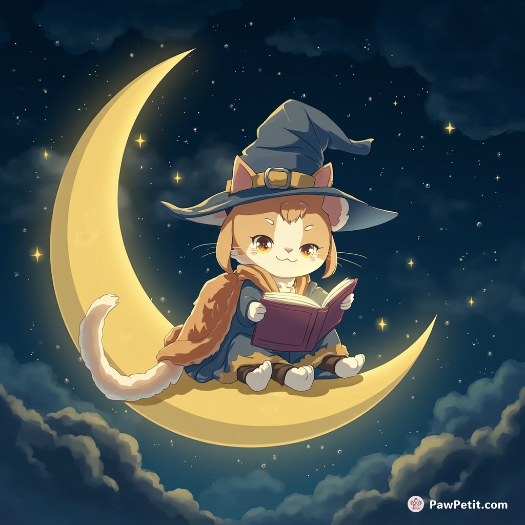 Cat reading a spellbook on a crescents of the moon, while meteors rain gently around.