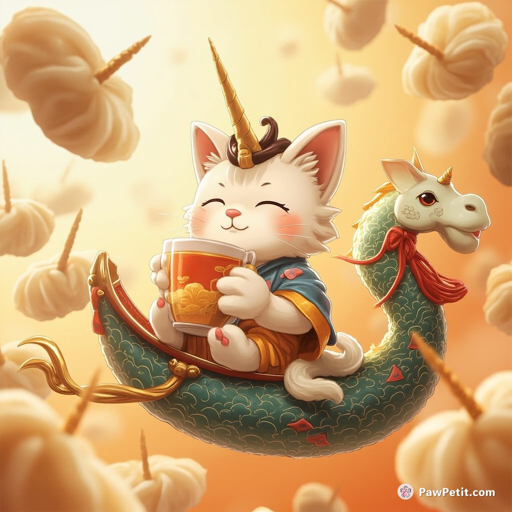 Cat sipping orange moon parsnip tea from a china teacup on top of a floating dragon boat, with unicorn horns piercing zongzis hovering around.