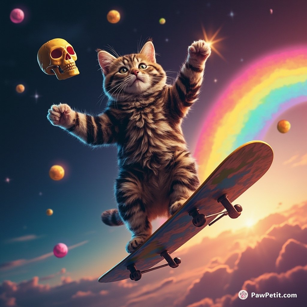A cat juggling sugar skulls while surfing a rainbow in outer space.