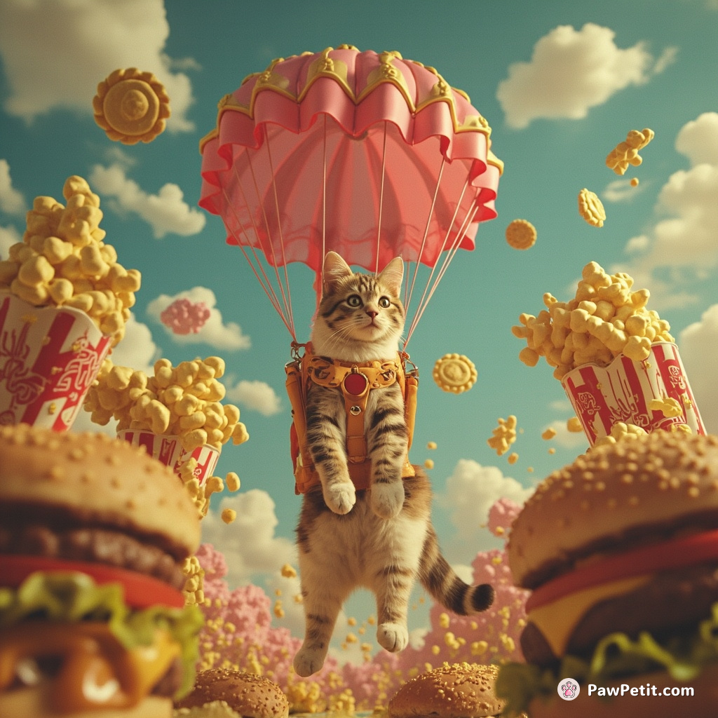 Cat skydiving into a cheeseburger jungle with popcorn parachute.