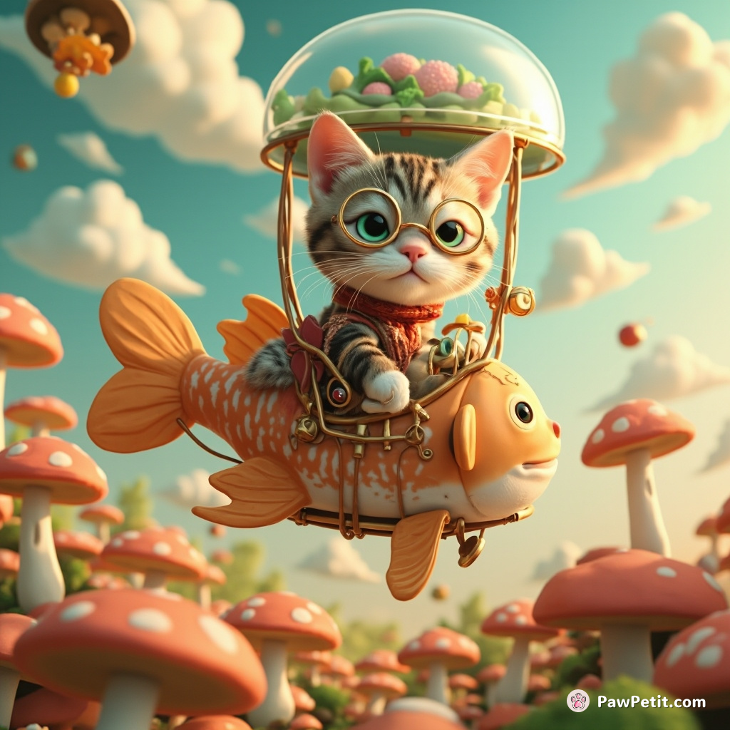 A steampunk Cat traveling in a giant, transparent fish balloon across spring-mushroom forests.