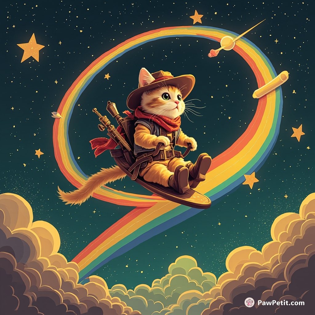 Neo-cowboy cat riding a rainbow comet through a steampunk galaxy.