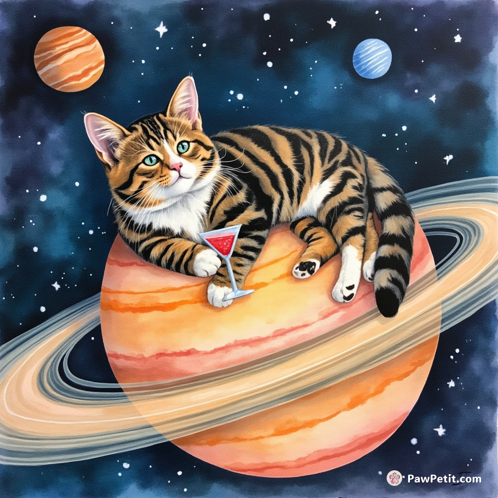 A content tabby cat sipping on a cosmic martini while lazing on Saturn's multi-colored rings.